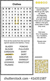 Clothes Themed Zigzag Word Search Puzzle (suitable Both For Kids And Adults). Answer Included.
