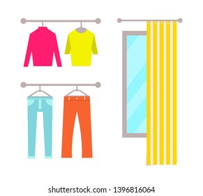 Clothing Store With Changing Room Poster And Sweaters Trousers Mirror Curtain Raster Illustration Isolated On White Background