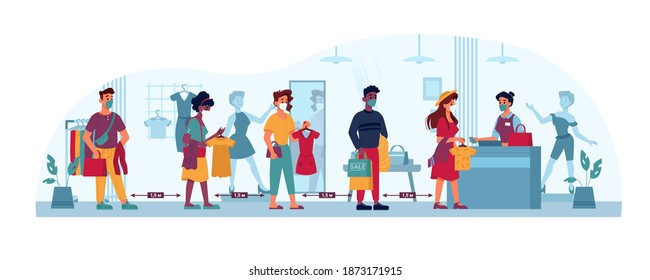 Clothing Store Queue, Social Distance, People Line In Masks To Shop Cashier, Flat Cartoon. Coronavirus Covid 19 Epidemic Social Distance, Men And Women Queue In Shop Or Clothing Trade Center