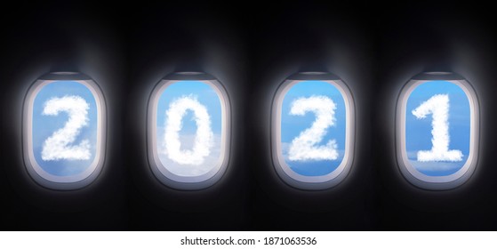 cloud 2021 outside the plane window, four airplane windows open white window shutter wide with blue sky view and white cloud in 2021 shape, 3d rendering