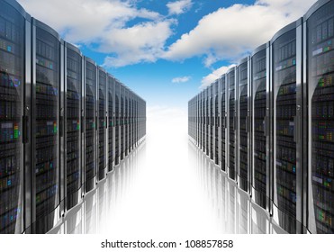 Cloud Computing And Computer Networking Concept: Rows Of Network Servers Against Blue Sky With Clouds