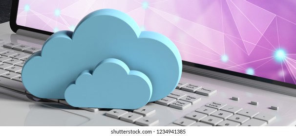 Cloud Computing Concept, Blue Clouds On A Computer Laptop, Banner. 3d Illustration