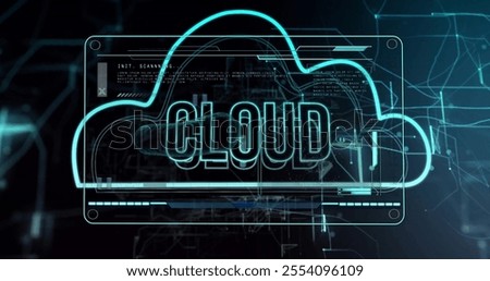 Cloud computing concept with futuristic data processing image. Technology, digital, innovation, networking, AI, virtual