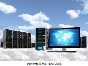 Cloud Computing Concept. Illustrated With Computer  Workstation And Server Cabinet Above The Cloud