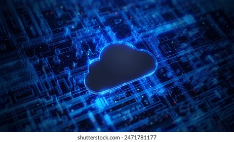 Cloud computing concept on blue circuit board, Abstract background of technology cloud computing with a glowing cloud icon on a blue circuit board. 3d Rendering