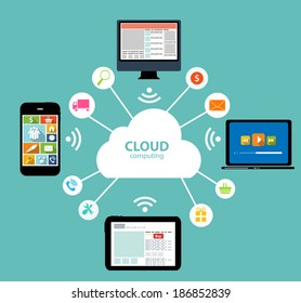 Cloud Computing Concept on Different Electronic Devices.  Illustration