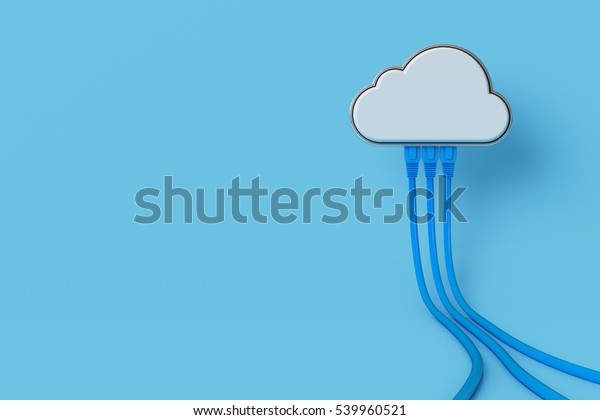 Cloud computing concept or symbol\
connect with network cable on blue background. 3d\
render