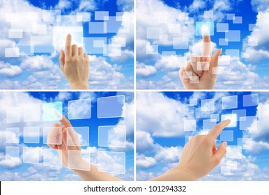 Cloud computing concept with woman hand