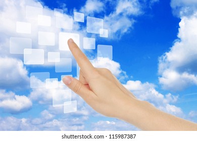 Cloud computing concept with woman hand