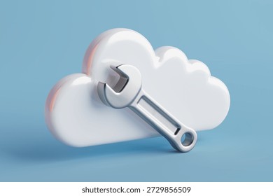 Cloud Computing And Maintenance Concept. White Cloud Icon With Metallic Wrench Symbolizing Configuration And Technical Support On Blue Background In Minimal Style. 3d Rendering