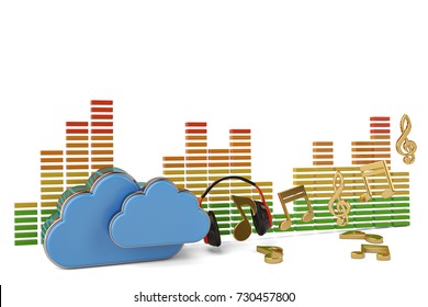 Cloud computing multimedia concept cloud and headphone with music note on white background.3D illustration.