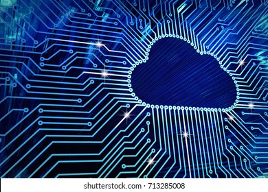 Cloud Computing And Network Security Technology Concept, Blue Circuit Board With Cloud Symbol And Connection Links, 3d Illustration