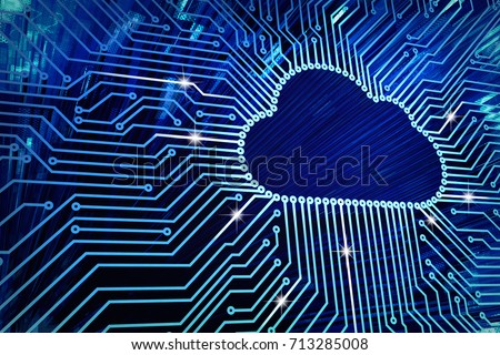 Cloud computing and network security technology concept, blue circuit board with cloud symbol and connection links, 3d illustration
