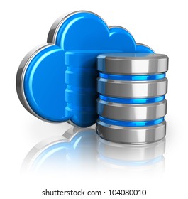 Cloud computing and remote data storage concept: blue glossy cloud and hard disk icon isolated on white background with reflection effect