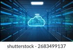 Cloud computing server room with digital data transfer, virtual cloud storage, and futuristic IT infrastructure for big data and web hosting. 3d Rendering