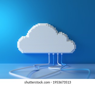 Cloud Computing Service, Cloud Data Storage Technology Hosting Concept. Pixel Art Box Connection Cloud On Blue Background. 3D Render Illustration.