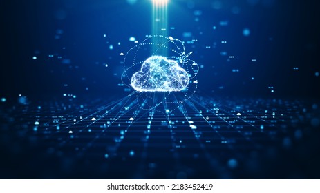 Cloud Computing Technology Concept. Cloud And Padlock Icon On Communication Network And Technology Background With Moving Lines And Dots. Transfer Databases To The Secure Cloud. 3D Illustration