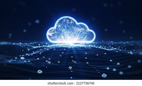 Cloud Computing Technology Concept Transfer Database To Cloud. There Is A Prominent Large Cloud Icon In The Center And A Small White Icon On The Connected Polygons With A Dark Blue Background.