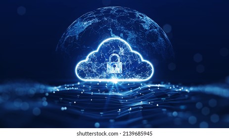 Cloud Computing Technology Concept Transfer Database To Cloud. There Is A Large Cloud Icon That Stands Out In The Center Of The Abstract World Above The Polygon With A Dark Blue Background.