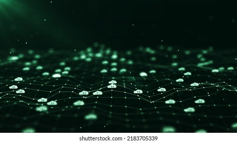 Cloud Computing Technology Concept For Transfer Data To Storage System. White Cloud Icon Over Polygon On Dark Green Background.