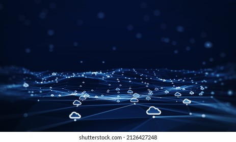 Cloud Computing Technology Concept Upload-download Transfer Database To Cloud. There Is A Small White Cloud Icon Over The Polygon With A Dark Blue Background. Big Data.