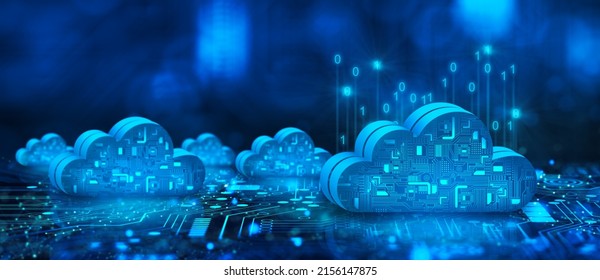 Cloud Computing Technology Internet On Converging Point Of Circuit With Abstract Blue Background. Cloud Service, Cloud Storage Concept. 3D Illustration.