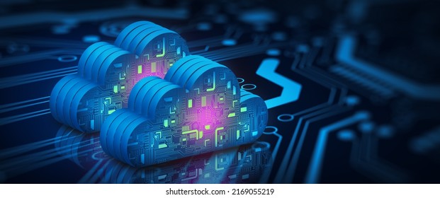 Cloud Computing Technology Internet On Converging Point Of Circuit With Abstract Blue Background. Cloud Service, Cloud Storage Concept. 3D Illustration.