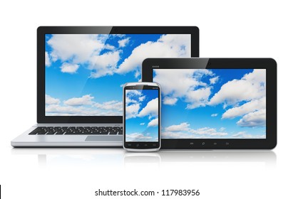 Cloud Computing Technology Service Concept: Business Laptop Or Notebook, Tablet PC Computer And Black Glossy Touchscreen Smartphone With Blue Sky And Clouds On Screen Isolated On White Background