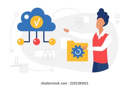 Cloud computing and web service illustration. Cartoon man user character holding data folder, uploading files to cloud storage database, computer hosting internet connection isolated on white