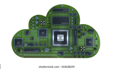 Cloud CPU. Electronic circuit chip on Cloud isolated on white background. High resolution 3d