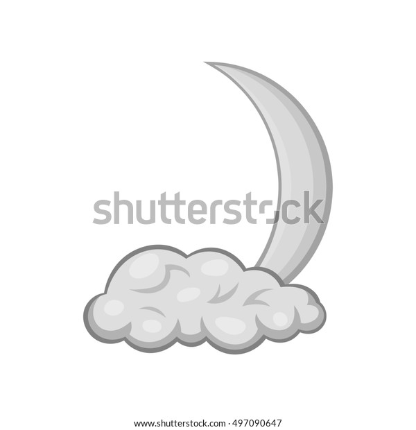 Cloud and\
crescent moon icon in black monochrome style isolated on white\
background. Night sky symbol \
illustration