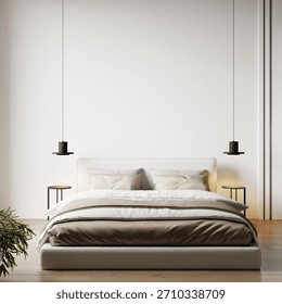 Cloud dancer trend color of the year 2026 - white tone clean minimal bedroom. Empty painted wall canvas art. Mockup light background interior design rich home or hotel. Accent color scene. 3d render