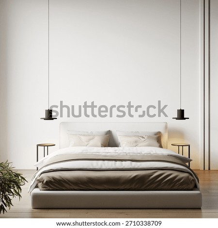 Cloud dancer trend color of the year 2026 - white tone clean minimal bedroom. Empty painted wall canvas art. Mockup light background interior design rich home or hotel. Accent color scene. 3d render