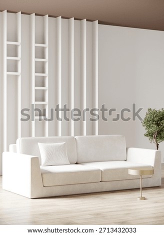 Cloud dancer trend color of the year 2026 in the luxury living lounge. Mockup modern room design interior home. Accent white furniture - cozy sofa and shelves. Totally white space. 3d render