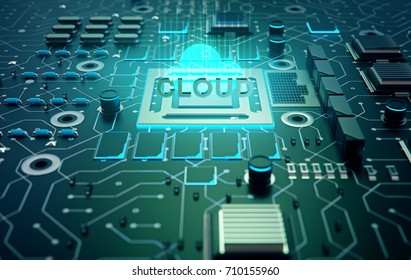 Cloud data concept: circuit board with word cyber security, 3d render