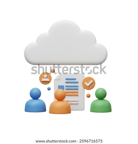 Cloud data management is visualized through team collaboration and a document approval icon; suitable for illustrating technology or business processes.