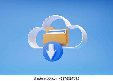Cloud data storage technology for downloading. File management or documents archive, File sharing isometric. Exchange information and data with internet cloud technology. 3d icon render illustration
