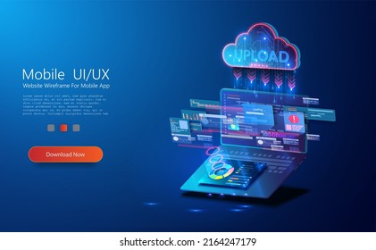 Cloud digital storage. The concept of the technology of downloading from the cloud to a computer or uploading file on cloud server. Data transfer application. Web banner template.  illustration
