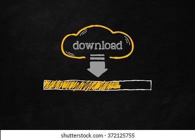 Cloud Download Progress Bar With Copyspace. Downloading Data Concept With A Progress Bar On A Blackboard. Hand Drawn Cloud With Symbol And Text Indicating Download