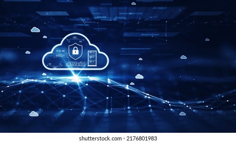 Cloud and edge computing technology concept with cybersecurity data protection system. There is a prominent large cloud icon on the left side. Interconnected polygons on a dark blue background.