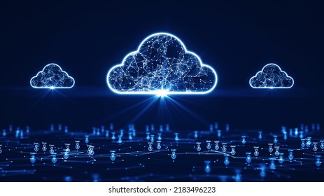 Cloud And Edge Computing Technology Concepts Support A Large Number Of Users. There Are Three Prominent Cloud Icons Above. Below The User Icon Is Connected To A Polygon On A Dark Blue Background.