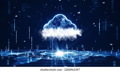 Cloud And Edge Computing Technology Concepts A Large Icon Above A Prominent White Cloud In The Center. Below Is An Abstract Map Of Binary Code And User Icons On Dark Blue Background.