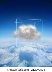 Cloud floating in a box against blue sky over clouds at high altitude