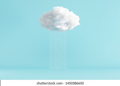 Cloud Floating Rain On Blue Room Background. Minimal Idea Concept. 3D Render.