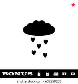 Cloud and heart rain icon flat. Simple black pictogram on white background. Illustration symbol and bonus icons open and closed lock, folder, star