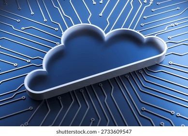 Cloud icon on a blue circuit board background representing cloud computing, digital storage, and modern internet infrastructure. 3D Rendering