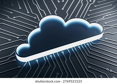 Cloud icon on circuit background in modern graphic style, on dark surface, concept of digital network security. 3D Rendering