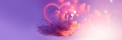 A Cloud Of Love. Futuristic Abstract Landscape, Sky, Purple, Pink And Orange Neon, Beautiful Pink Sunset, Heart Shape, Magic. Cloud Over Water, Heart Bokeh Light. 3D Illustration.