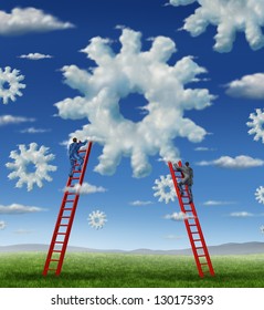 Cloud Management Business With A Group Of Business People Climbing Red Ladders To Work On Clouds Shaped As A Gear Or Cogs As A Concept Of A Working Team Partnership With Technology Businessmen.