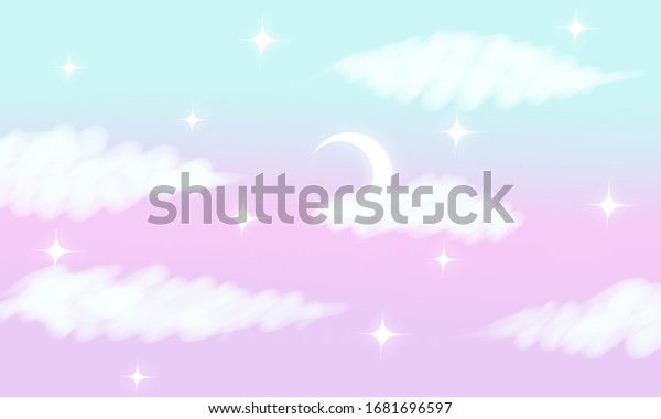 パステル色の背景に雲 月 星 空 素晴らしい曇り空 パステルカラー ファンタジー空 のイラスト素材